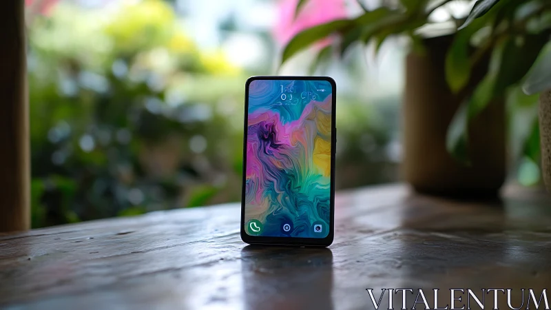 Smartphone displaying colorful liquid wallpaper on garden table