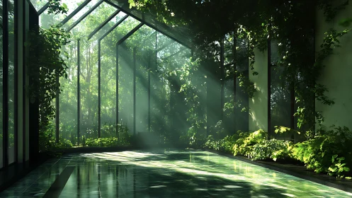 Modern Greenhouse Interior With Cascading Foliage and Natural Light.