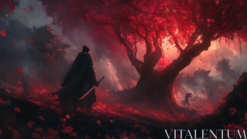 Warrior confronts archer beneath glowing red forest canopy