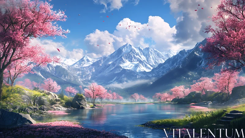 Serene cherry blossom valley embraced by snowy mountain peaks.