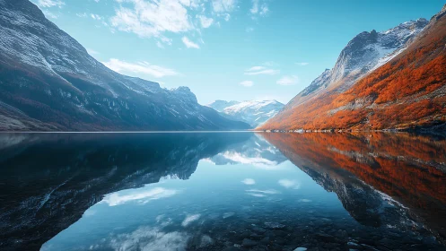 Autumn fjord mountains reflect in glassy blue alpine lake.