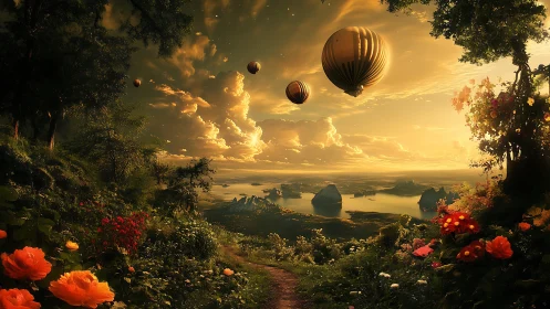 Sunlit valley landscape with hot air balloons and flowers.