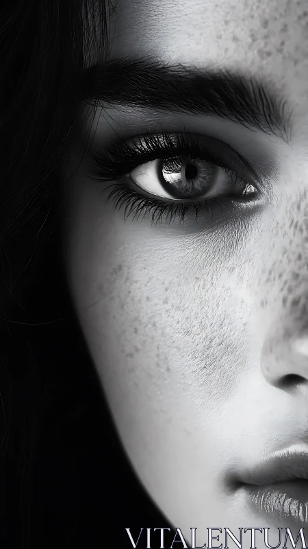 Monochrome macro portrait of freckled female eye and skin texture