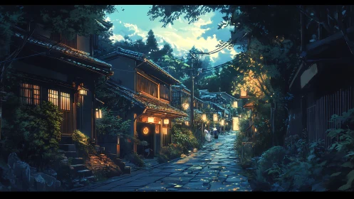 Evening view along narrow lantern lit traditional street.