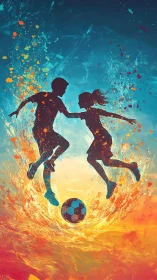Silhouetted boy and girl jump toward soccer ball in vivid spray