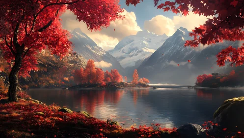 Crimson autumn wraps a quiet alpine lake in molten light