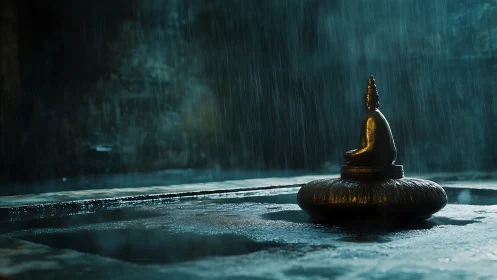 Bronze Buddha figurine under directional rain with moody backlight