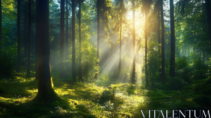 Sunbeams in Lush Green Forest, Serene Nature Photography.
