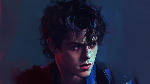 Digital painting portrait with neon chiaroscuro lighting focus.