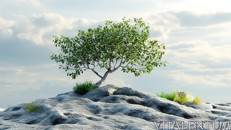 Lone tree on rocky hilltop in soft sunlight, realistic landscape.