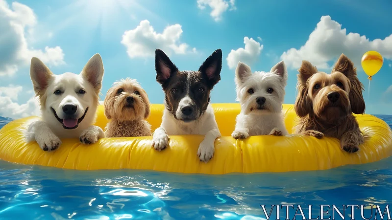 Five small dogs rest on a yellow inflatable raft in water