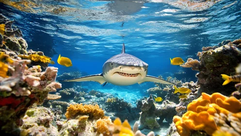 Predatory reef shark advancing through high-saturation coral habitat.