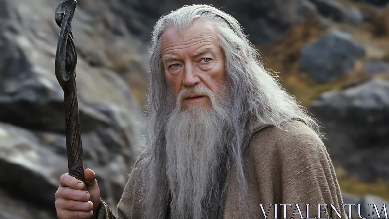 Elderly robed man with long gray hair holds carved staff outdoors