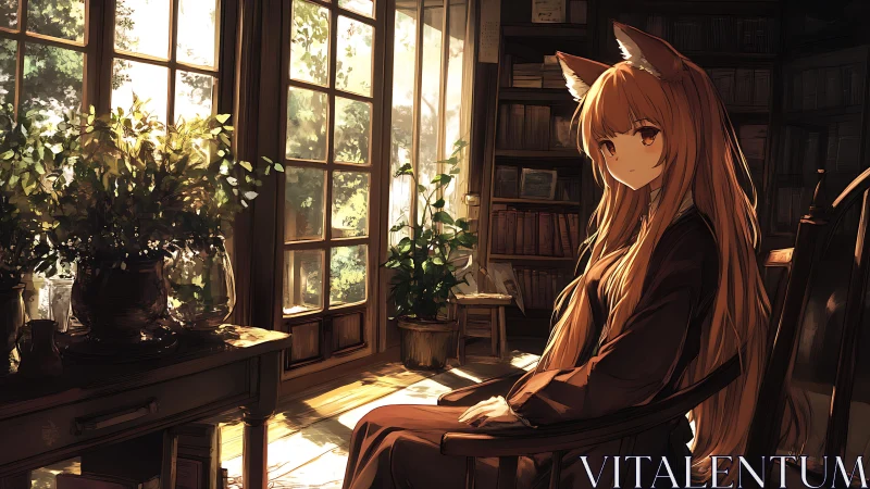 Fox eared girl in wooden library room with window light.