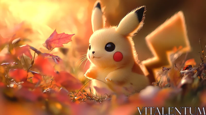Pikachu sitting in warm autumn light among fallen leaves.