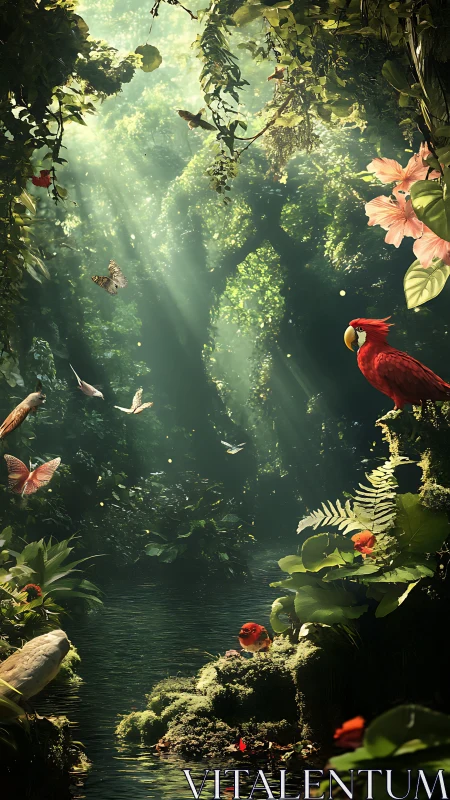 Sunlit tropical birds gather beside a tranquil jungle stream