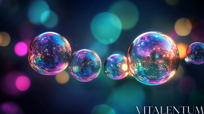Multicolored soap bubbles with bokeh light reflections.