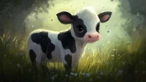 Sunlit meadow calf with storybook eyes and soft halos.