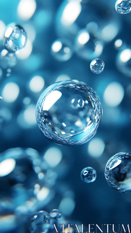 Floating water bubbles drift through luminous blue depth