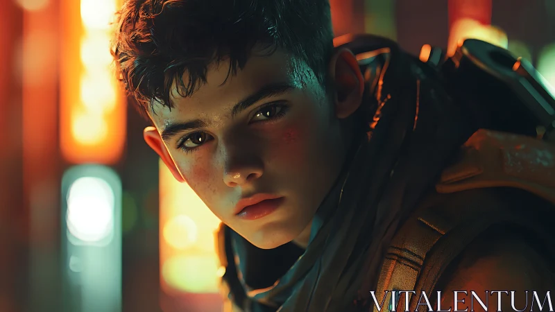 Teen boy portrait in neon-lit urban sci-fi environment
