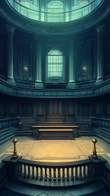 Grand empty courtroom hall with dramatic skylight glow.