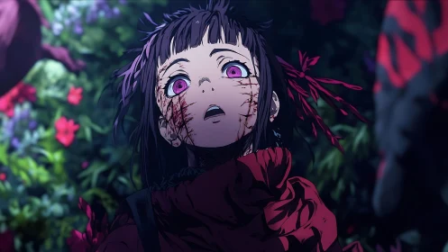 Injured anime girl looks upward amid dense floral background