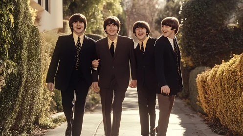 Retro-styled boy band walking together on sunny garden path.