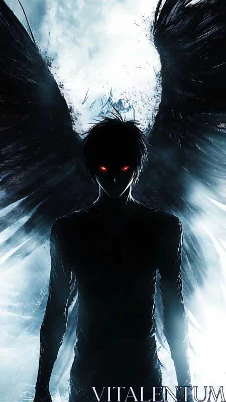 Red‑eyed dusk angel stalking the faultline of heaven.