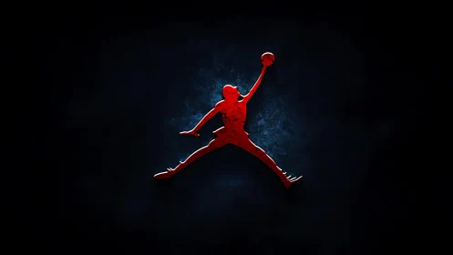 Red basketball player silhouette logo on dark background.