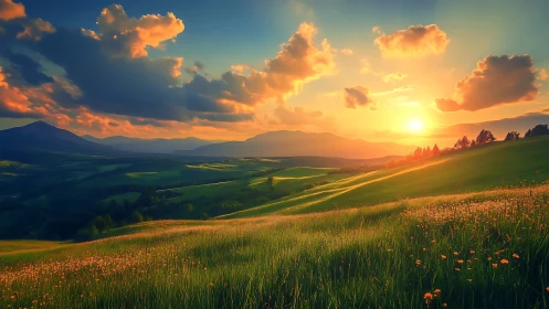 Sunset pours liquid gold across rolling wildflower hillsides