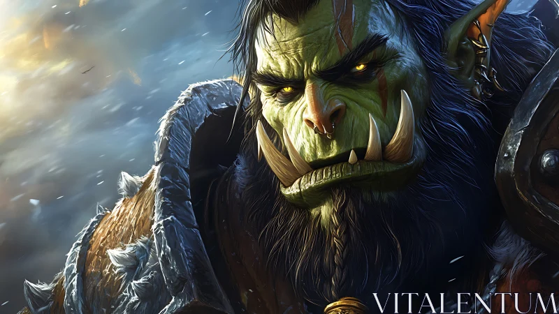 Battle-hardened orc warlord glares through stormlit chaos