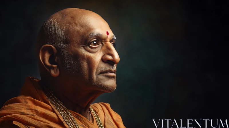 Profile portrait of elderly man in traditional attire.