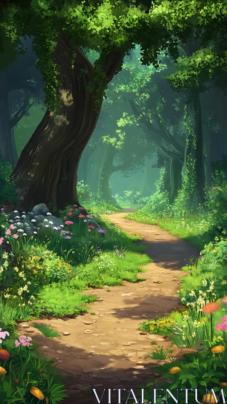 Forest pathway with ancient tree and flowering ground vegetation.