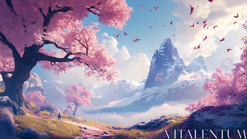 Pink-blossomed valley landscape frames distant snow peaks