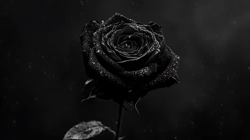 Monochrome macro black rose isolates under soft directional rain