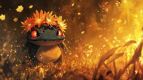 Firelit salamander spirit crowned with glowing blossoms.