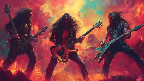 Heavy metal band erupts on a blazing, infernal stage
