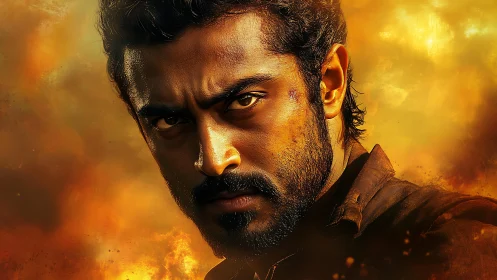 Intense male portrait against fiery, cinematic atmospheric backdrop