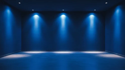 Blue gallery interior uses directional spotlights to sculpt space