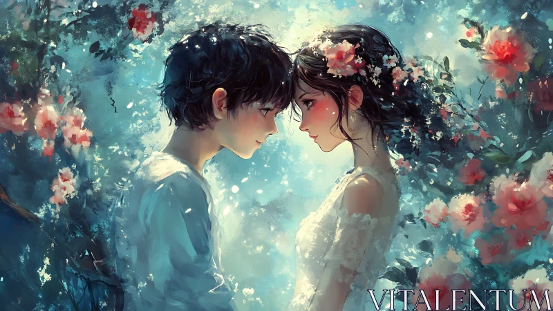 Digital Painting: Two Anime Figures Surrounded by Luminescent Floral Environment