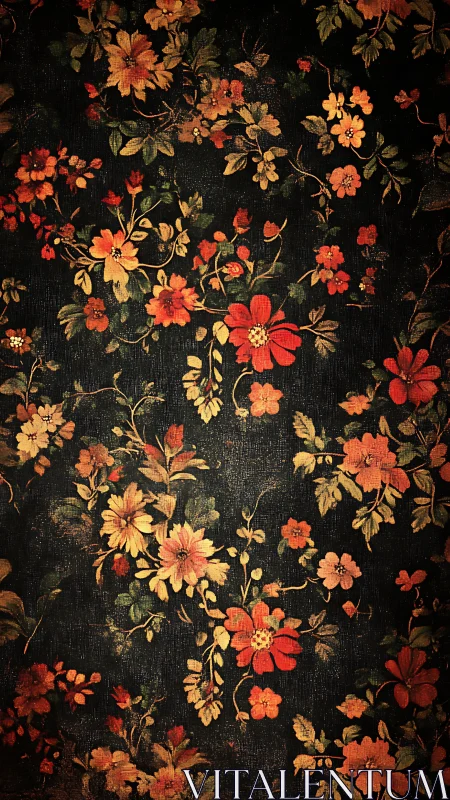 Vintage floral tapestry glows against a dark, timeworn ground