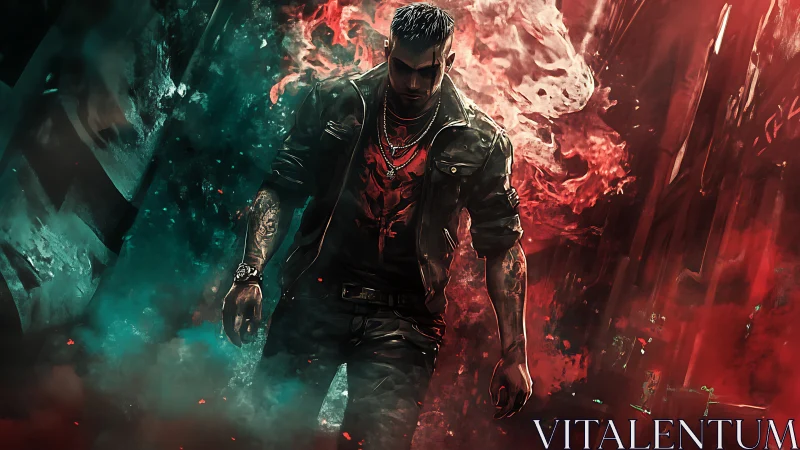 Brooding cyberpunk antihero in red teal urban inferno.