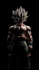 Stylized muscular warrior silhouette stands under hard lighting