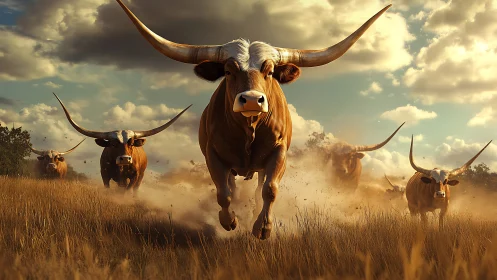 Stampeding sunset longhorns charge through dust and glory.