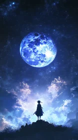 Lone silhouette beneath luminous blue moonlit cosmos.