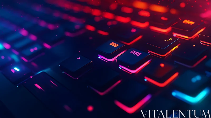 Neon backlit keyboard keys in cinematic cyber glow.