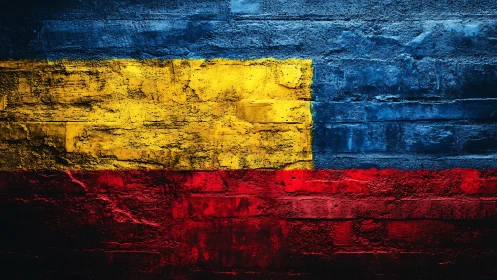 Horizontal tricolor paint stripes cover a textured brick wall