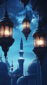 Digital nocturnal mosque skyline with suspended lanterns glow.