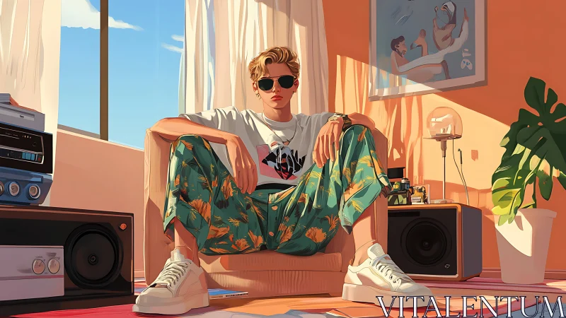 Cool young man lounging in sunny retro living room.