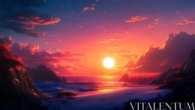 Sunswept dream coast ignites under neon-tinted twilight sky.